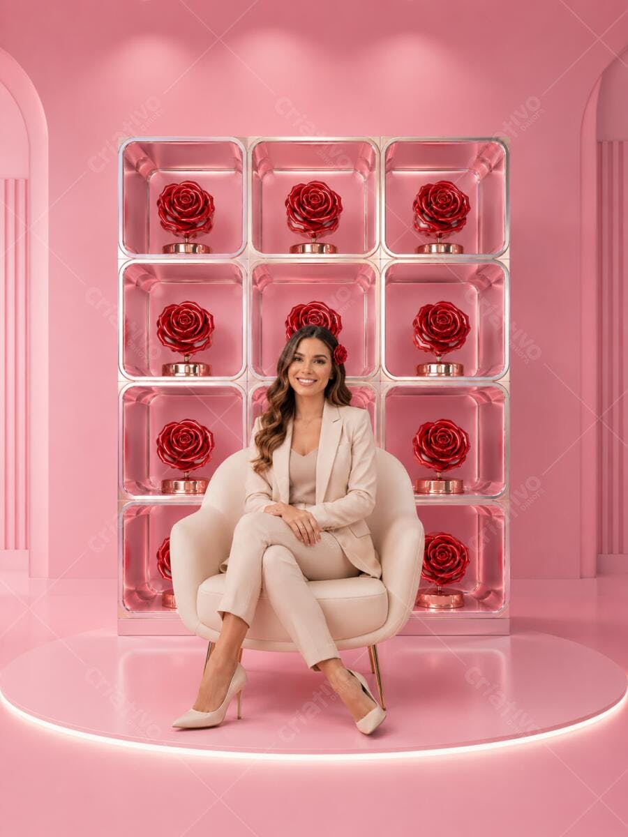 Foto Mulher Sorrindo Sentada Cenário Rosa Flores Vermelhas