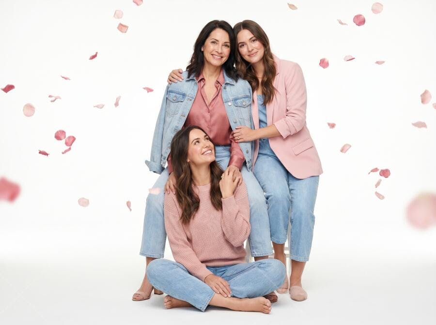 Foto Mulheres Sorrindo Abraçadas Pétalas Rosas Fundo Branco Studio