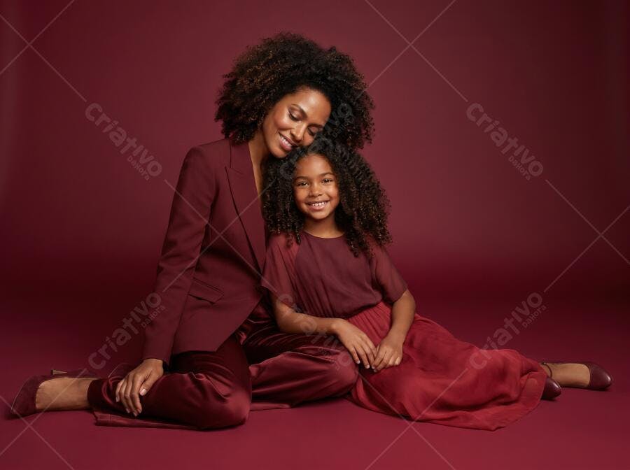Foto Retrato Mãe e Filha Negra Sorrindo Fundo Vermelho Studio