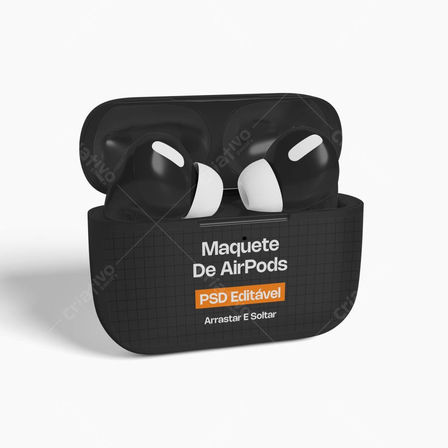 Mockup AirPods Pro Fone de Ouvido Preto Fundo Branco Editável