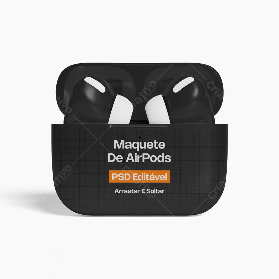 Mockup AirPods Pro Preto Frontal Fundo Branco Editável