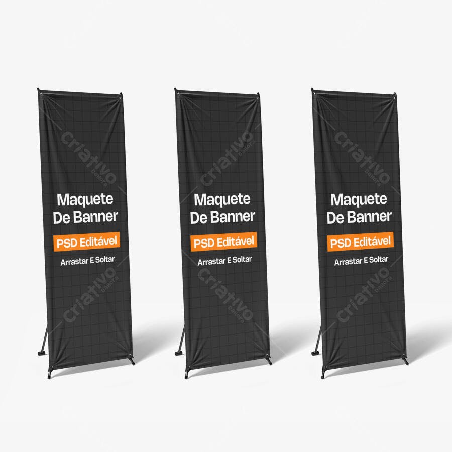 Mockup Banner Roll Up Três Unidades Fundo Branco Editável