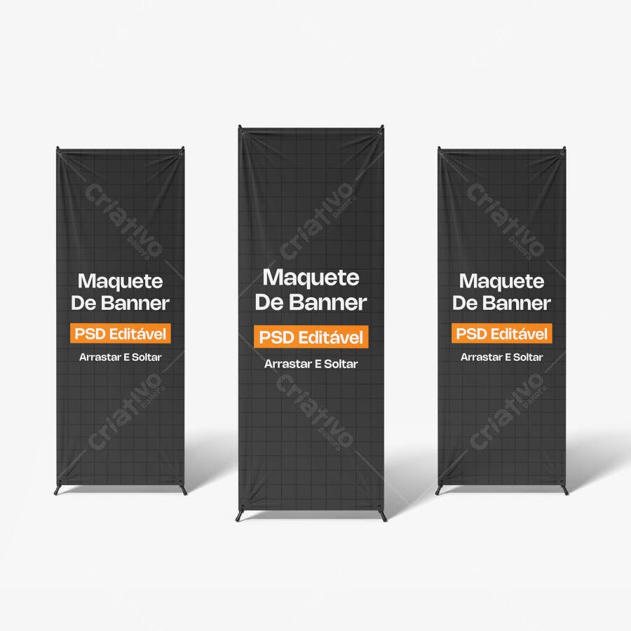 Mockup Banner Roll Up Três Unidades Fundo Branco Editável