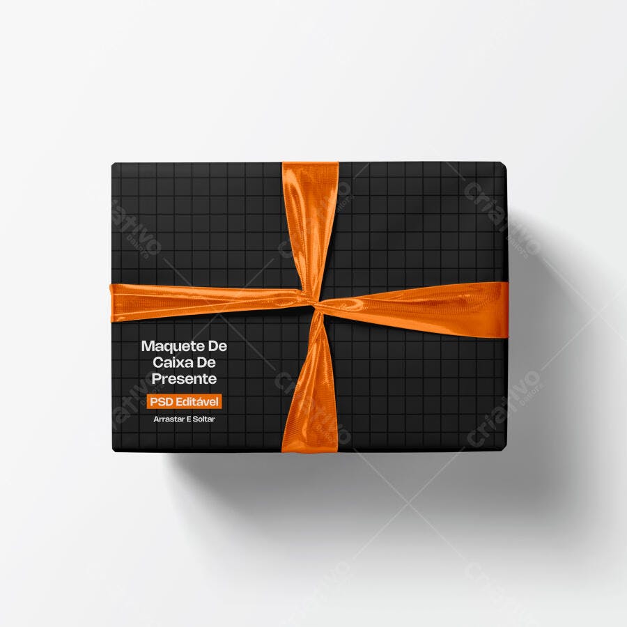 Mockup Caixa de Presente Preta Fita Laranja Vista Superior Editável