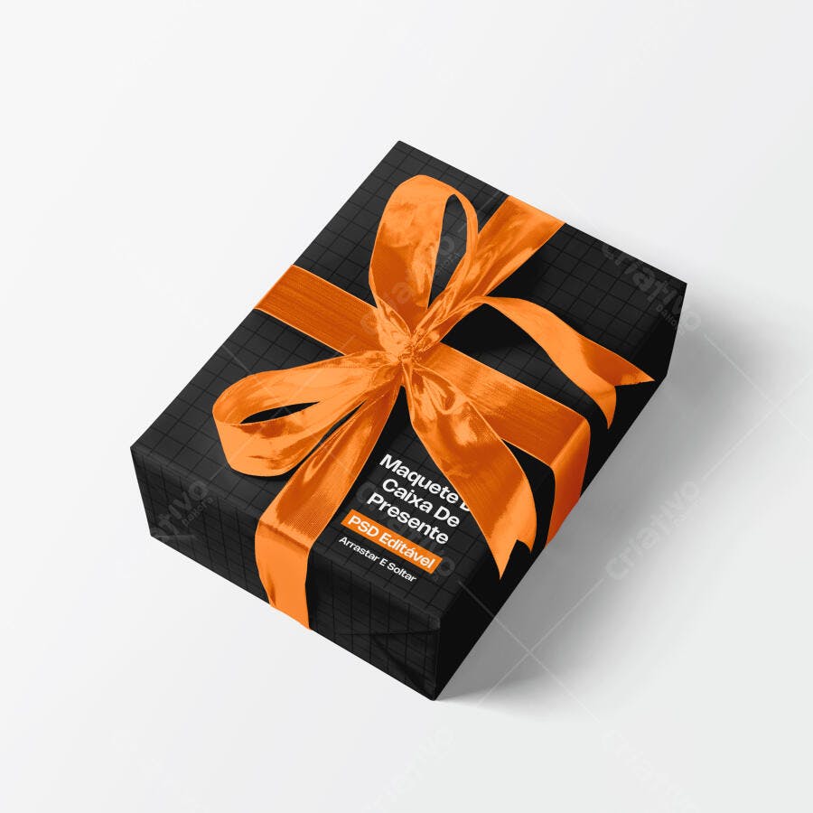 Mockup Caixa de Presente Preta Laço Laranja Editável