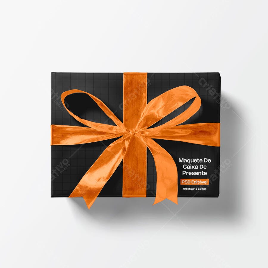 Mockup Caixa de Presente Preta Laço Laranja Flat Lay Editável