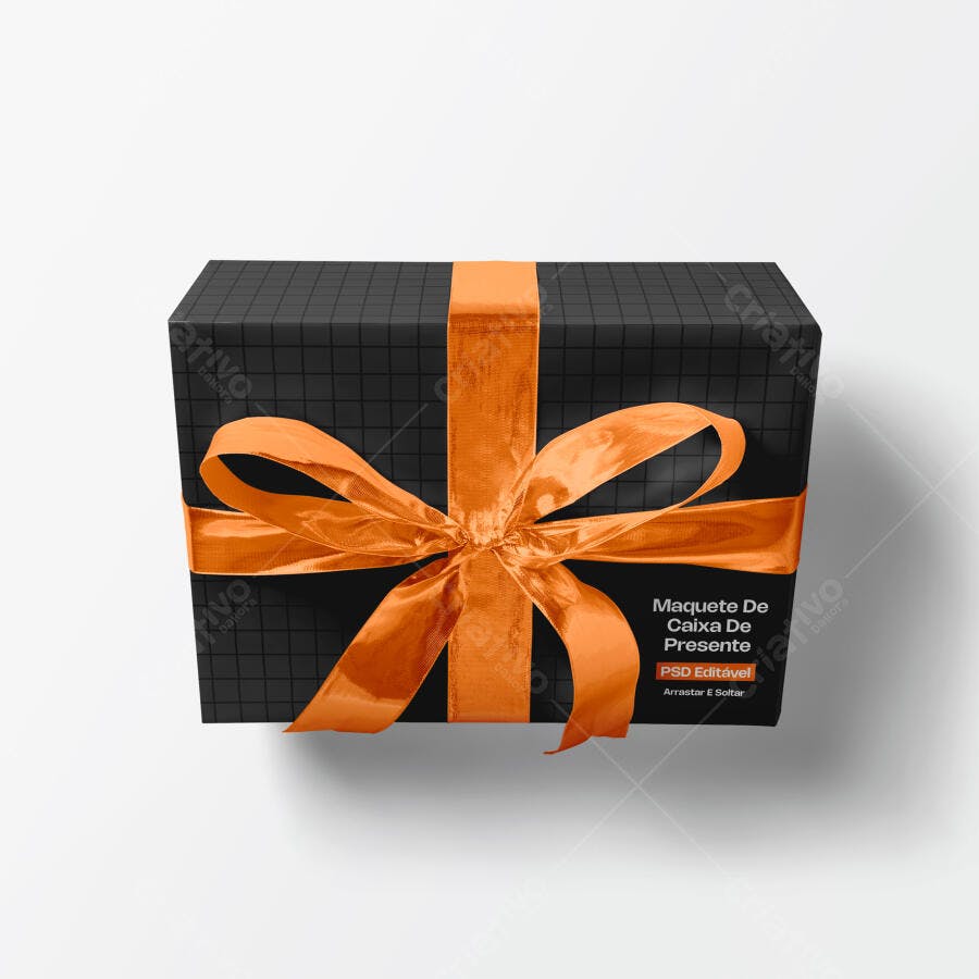 Mockup Caixa de Presente Preta Laço Laranja Fundo Branco Editável