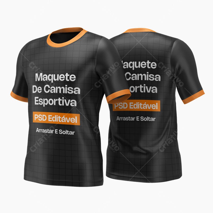 Mockup Camisa Esportiva Preta Gola Laranja Frente e Verso Editável