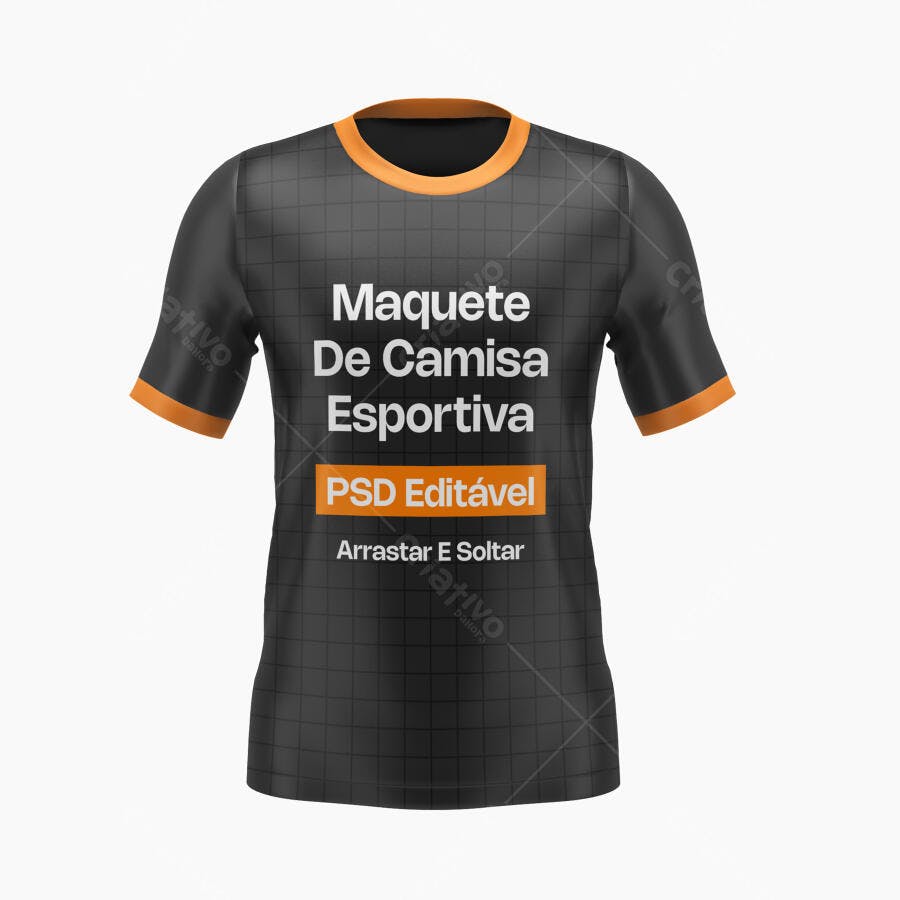 Mockup Camisa Esportiva Preta Gola Laranja Frente Editável