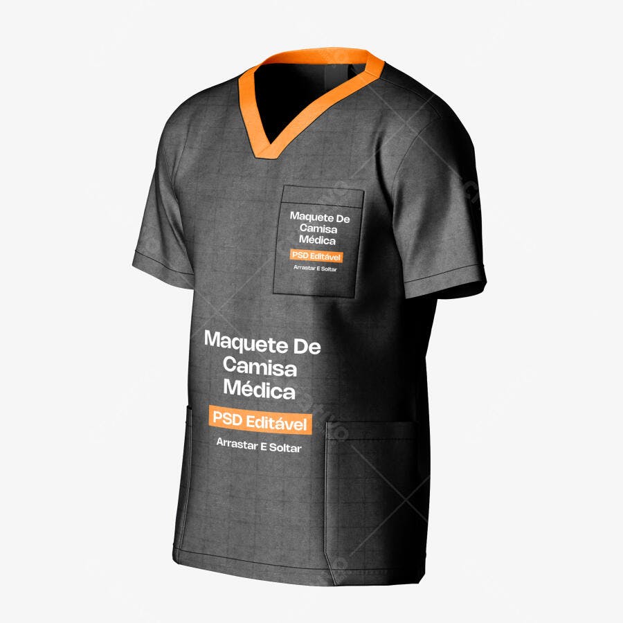 Mockup Camisa Médica Cinza Gola Laranja 3/4 Editável
