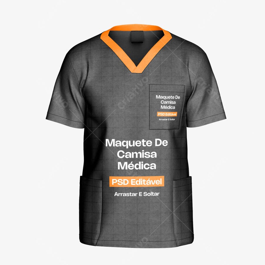 Mockup Camisa Médica Cinza Gola Laranja Frente Editável
