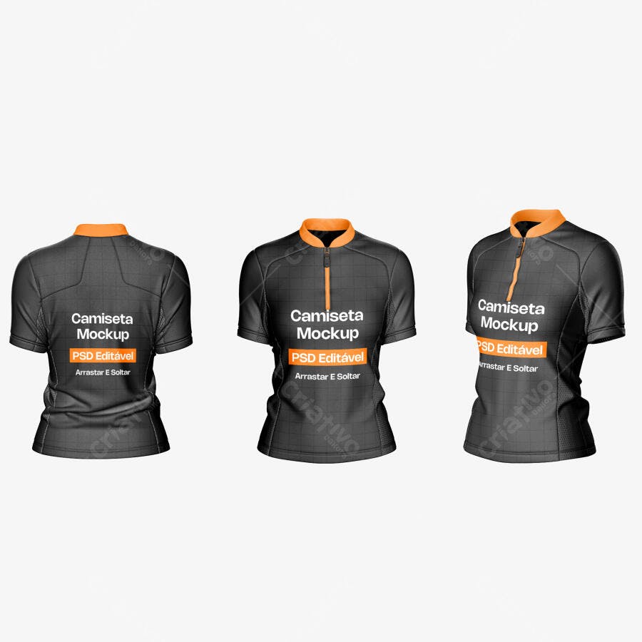 Mockup Camiseta Ciclismo Gola Zíper Frente Costas 3/4 Editável