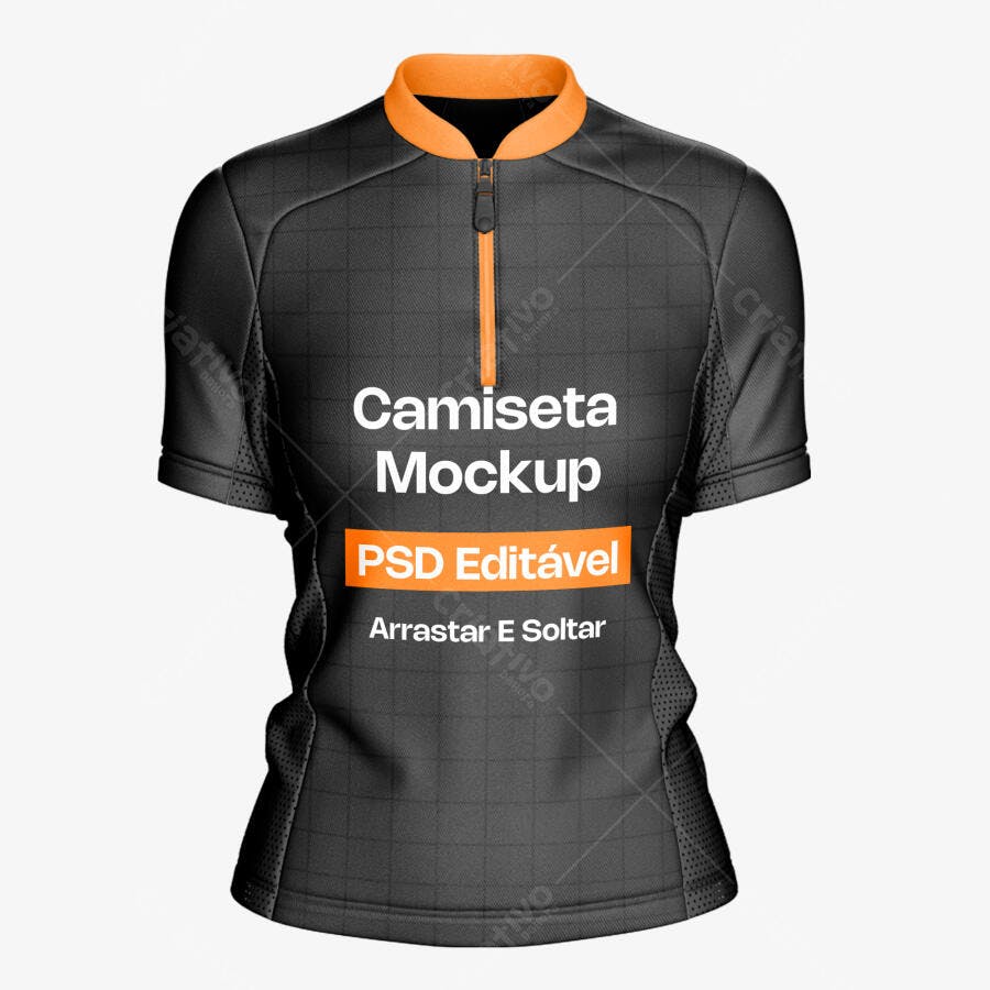 Mockup Camiseta Ciclismo Preta Zíper Laranja Frontal Editável