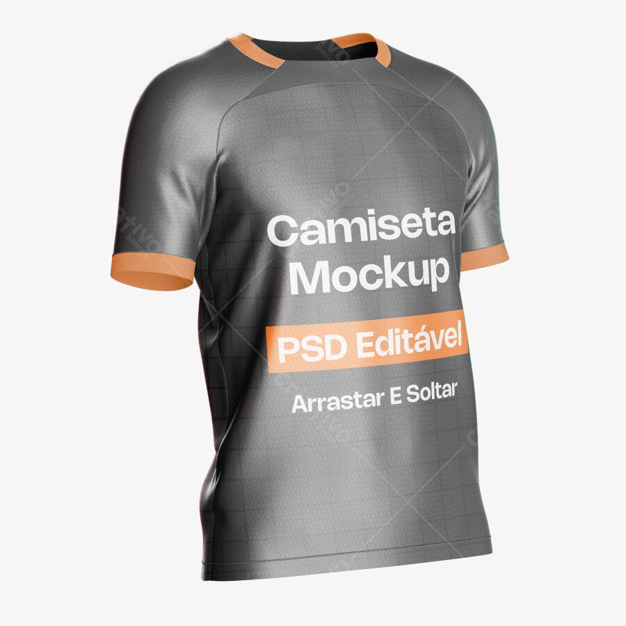 Mockup Camiseta Esportiva Cinza e Laranja 3/4 Editável