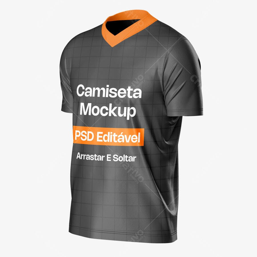 Mockup Camiseta Esportiva Gola V Cinza Laranja Editável