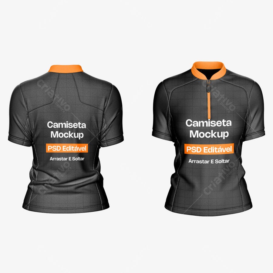 Mockup Camiseta Esportiva Gola Zíper Frente e Verso Editável