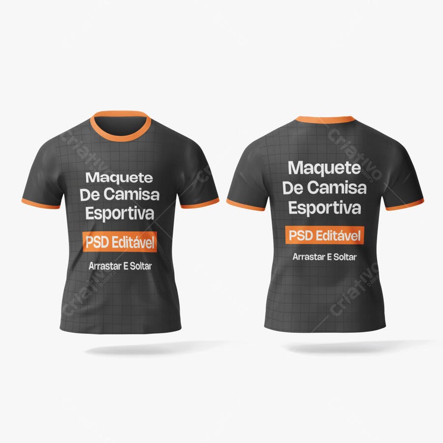 Mockup Camiseta Esportiva Preta Frente e Verso Fundo Branco Editável