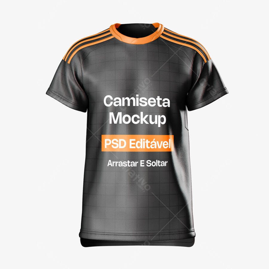 Mockup Camiseta Esportiva Preta Gola Laranja Frente Editável