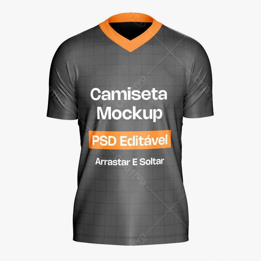 Mockup Camiseta Gola V Frente Fundo Branco Editável
