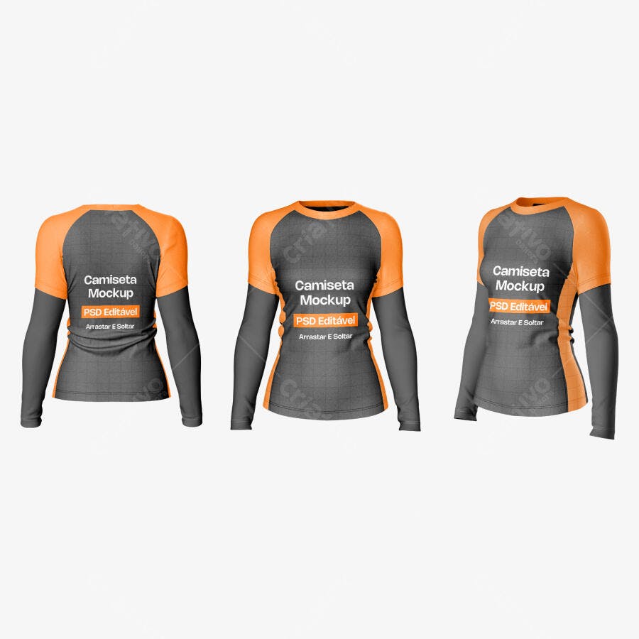 Mockup Camiseta Manga Longa Raglan Feminina Frente Costas Editável