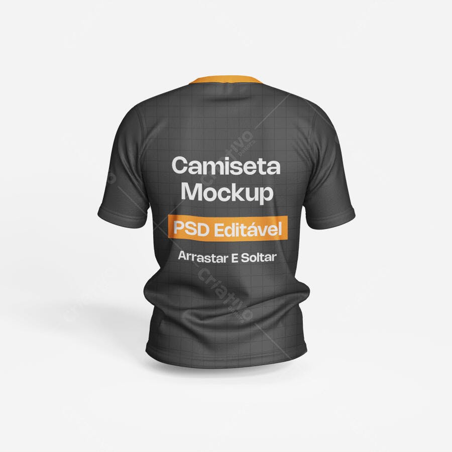 Mockup Camiseta Masculina Costas Cinza Fundo Branco Editável