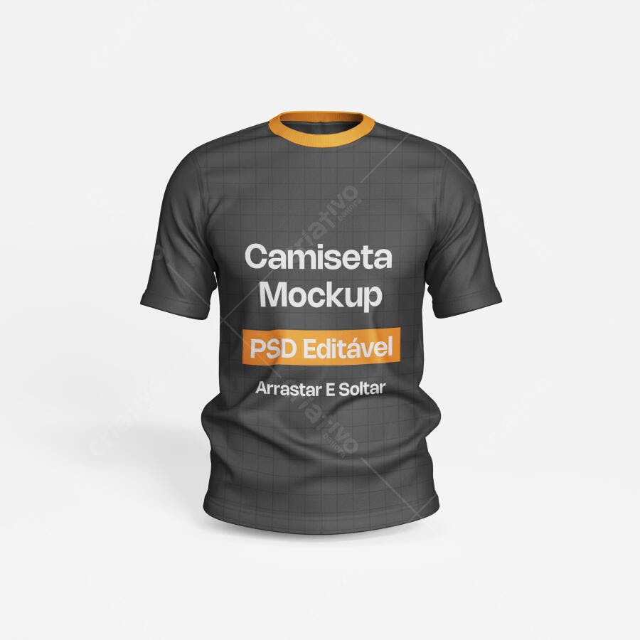 Mockup Camiseta Masculina Gola Laranja Frente Fundo Branco Editável