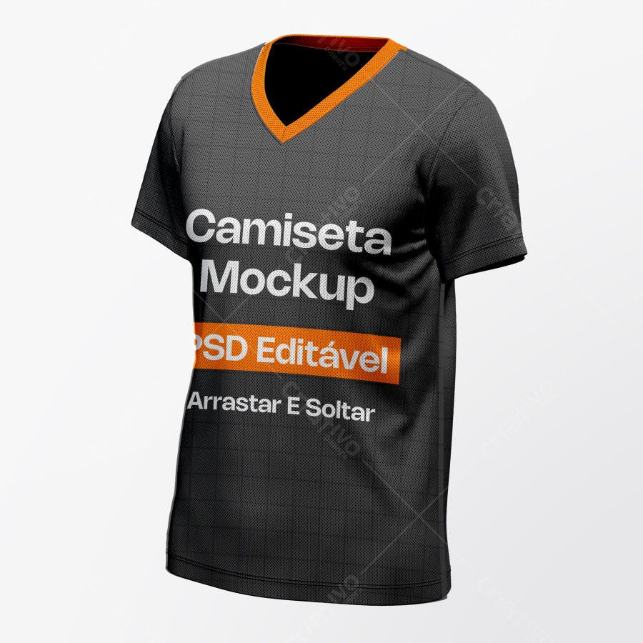 Mockup Camiseta Masculina Gola V Preta Fundo Branco Editável