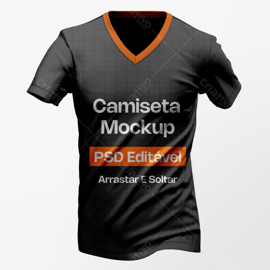 Mockup Camiseta Masculina Gola V Preta Fundo Branco Editável