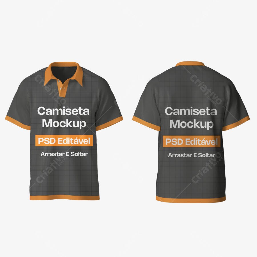 Mockup Camiseta Polo Cinza e Laranja Frente e Verso Editável