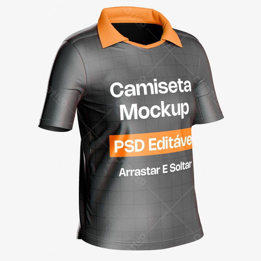 Mockup Camiseta Polo Cinza Gola Laranja 3/4 Fundo Branco Editável