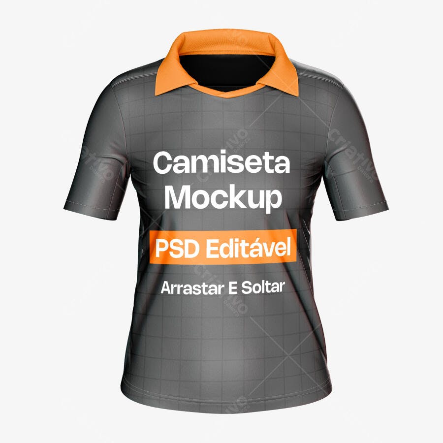 Mockup Camiseta Polo Cinza Gola Laranja Frente Editável