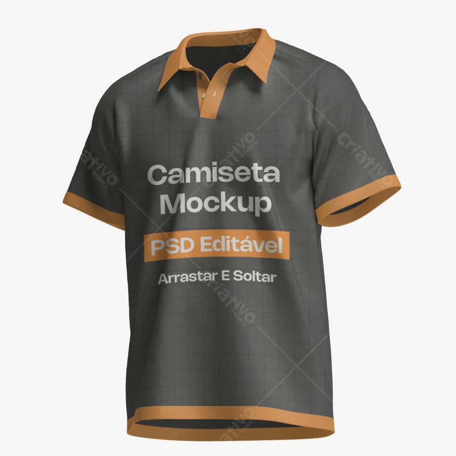 Mockup Camiseta Polo Cinza Gola Laranja Frente Editável