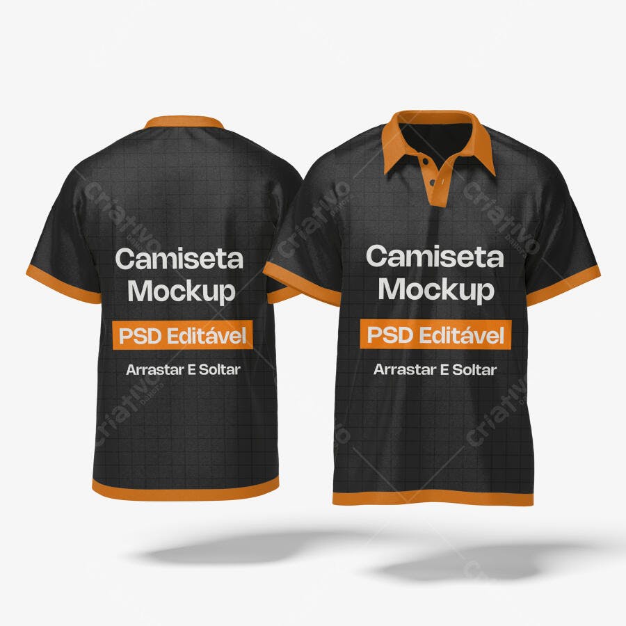 Mockup Camiseta Polo Preta e Laranja Frente e Verso Editável