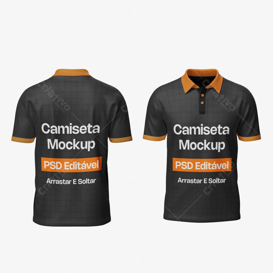 Mockup Camiseta Polo Preta Frente e Verso Fundo Branco Editável
