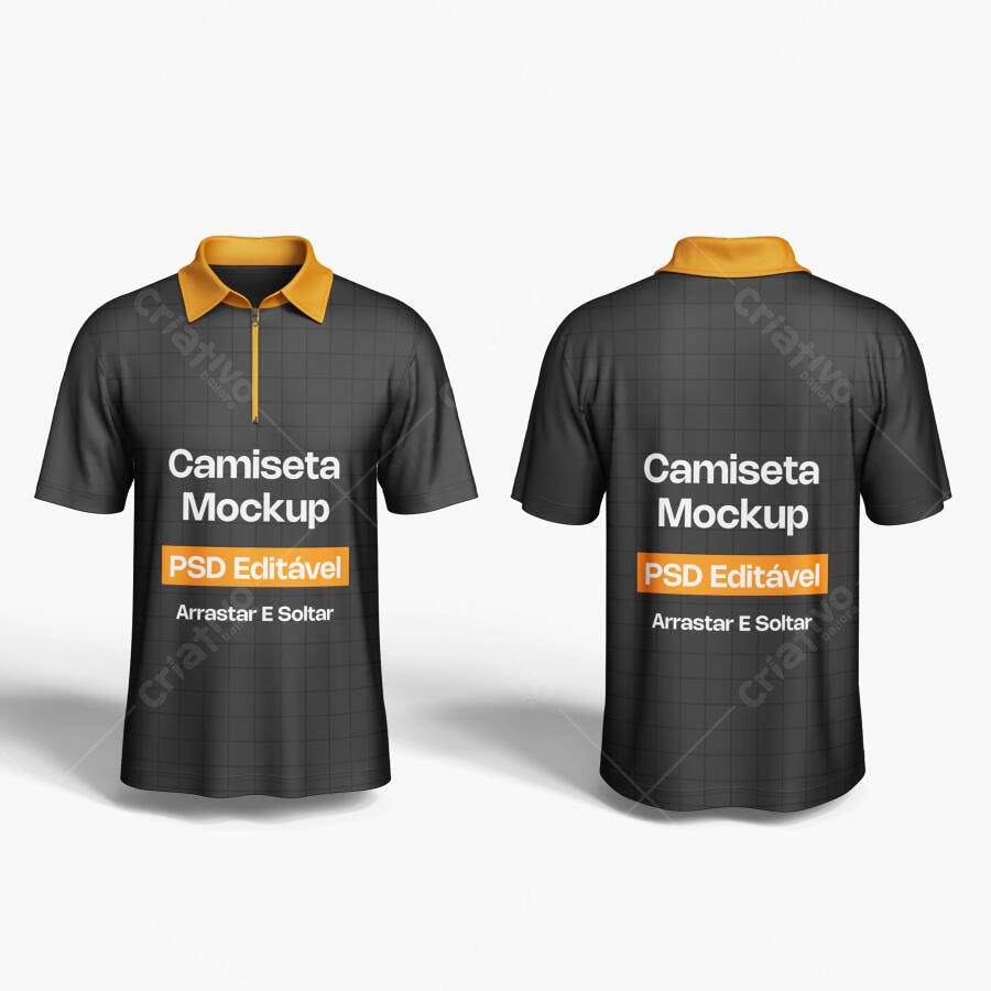 Mockup Camiseta Polo Preta Frente e Verso Fundo Branco Editável