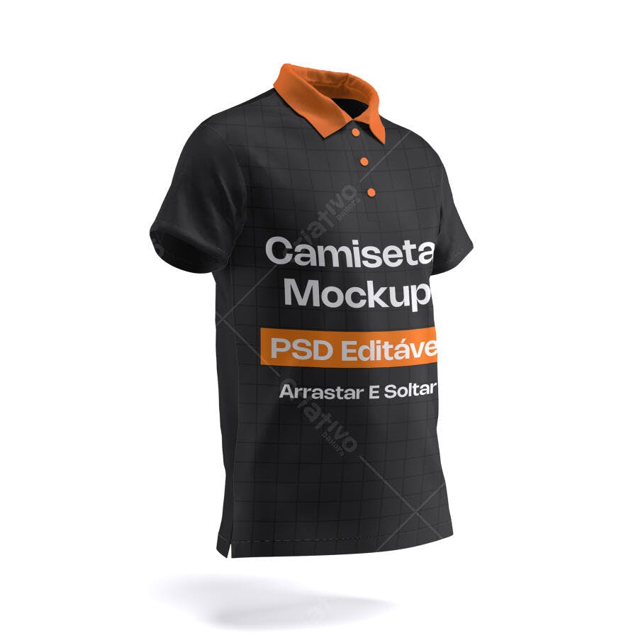 Mockup Camiseta Polo Preta Gola Laranja 3/4 Editável