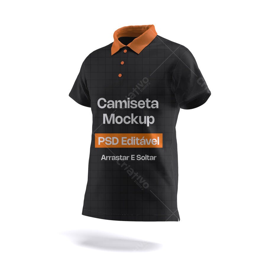 Mockup Camiseta Polo Preta Gola Laranja Flutuante Editável