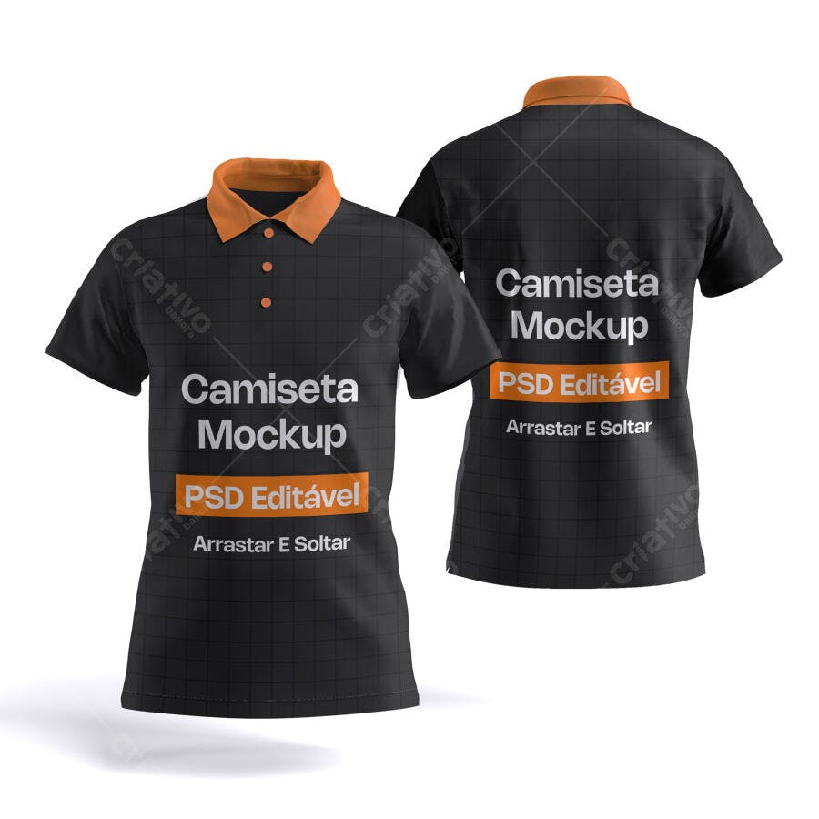 Mockup Camiseta Polo Preta Gola Laranja Frente e Verso Editável