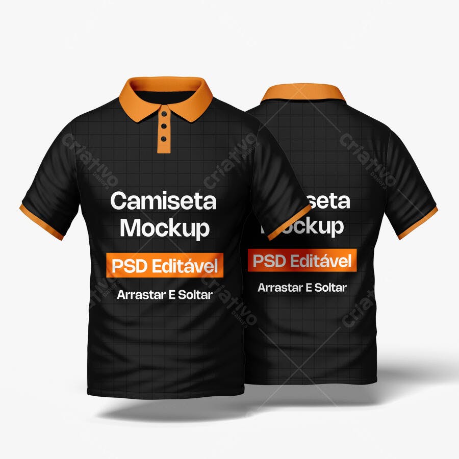 Mockup Camiseta Polo Preta Gola Laranja Frente e Verso Editável