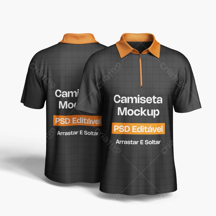 Mockup Camiseta Polo Preta Gola Laranja Frente e Verso Editável