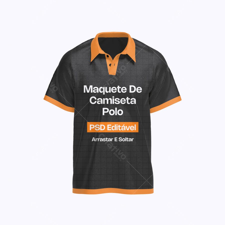 Mockup Camiseta Polo Preta Gola Laranja Frente Editável