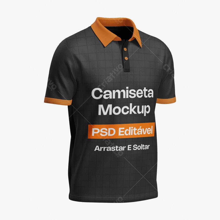 Mockup Camiseta Polo Preta Laranja 3/4 Fundo Branco Editável
