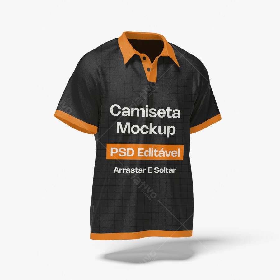 Mockup Camiseta Polo Preta Laranja Flutuante Editável