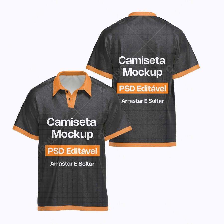 Mockup Camiseta Polo Preta Laranja Frente e Costas Editável