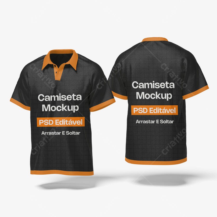 Mockup Camiseta Polo Preta Laranja Frente e Costas Editável
