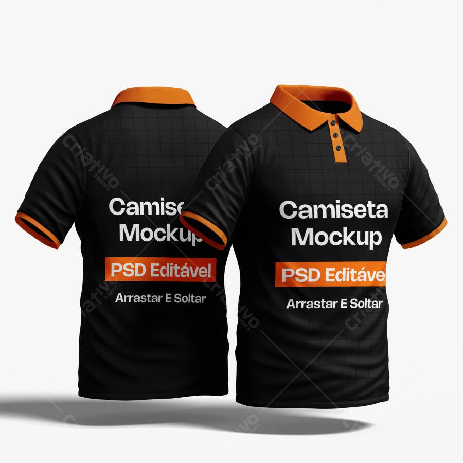 Mockup Camiseta Polo Preta Laranja Frente e Costas Editável