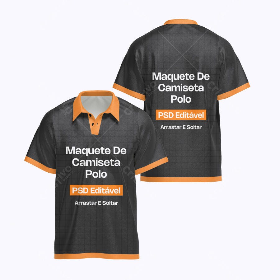 Mockup Camiseta Polo Preta Laranja Frente e Costas Editável