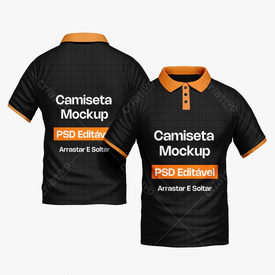 Mockup Camiseta Polo Preta Laranja Frente e Verso Editável