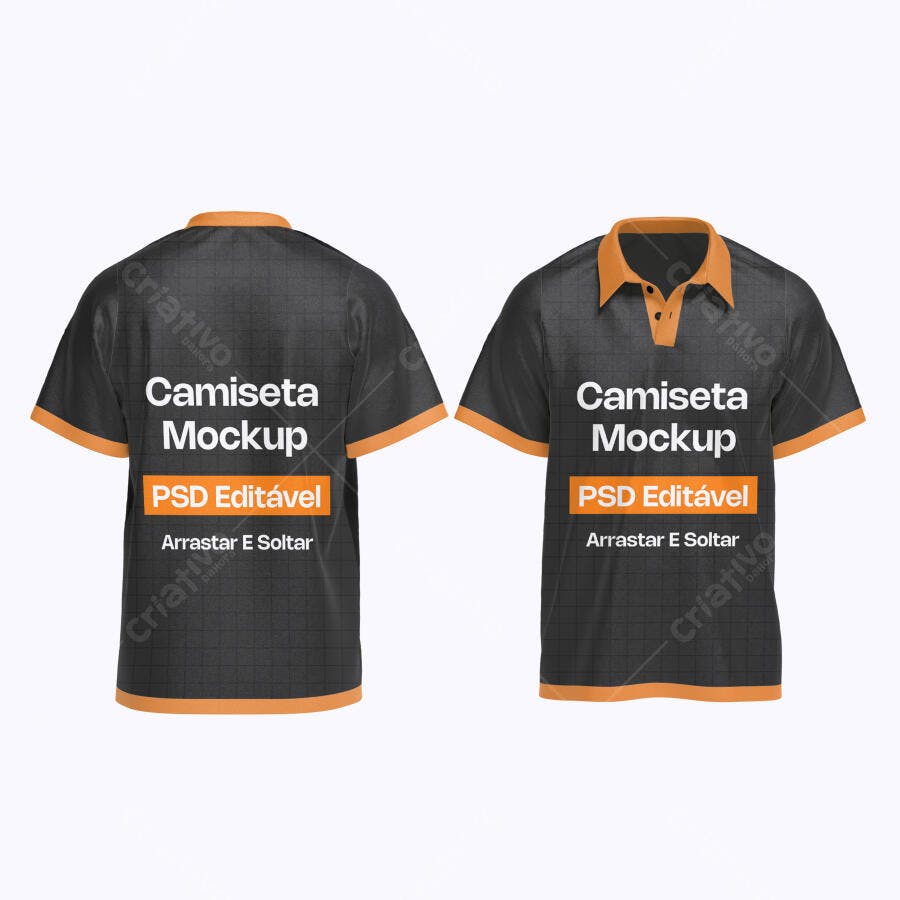 Mockup Camiseta Polo Preta Laranja Frente e Verso Editável