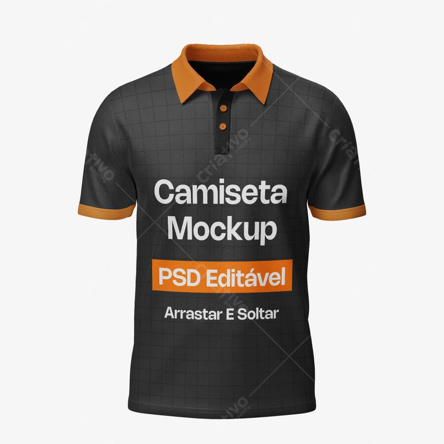 Mockup Camiseta Polo Preta Laranja Frente Fundo Branco Editável